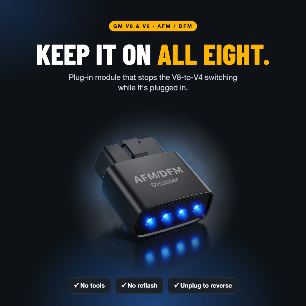 Keeps GM V8 and V6 engines on all cylinders. No tools, no reflash, unplug to reverse