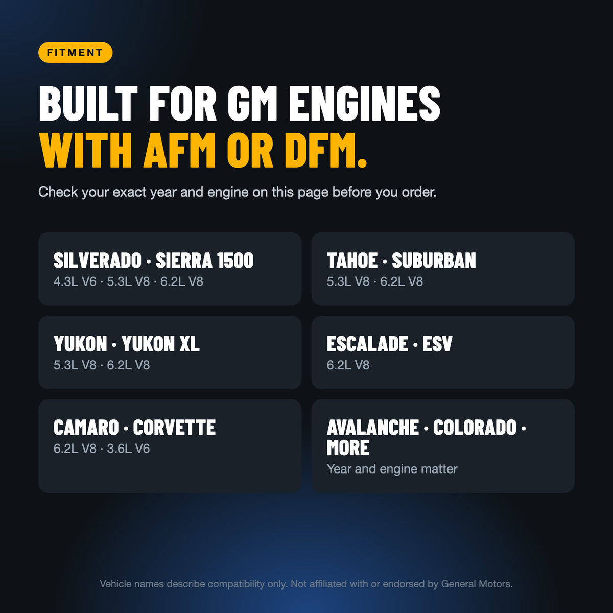 Built for GM engines with AFM or DFM: Silverado, Sierra, Tahoe, Suburban, Yukon, Escalade and more