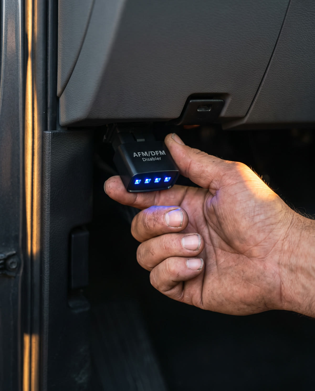 Plugging the module into the OBD-II port under a truck dash