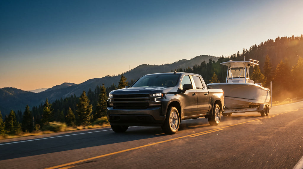 Pickup towing a boat up a highway grade