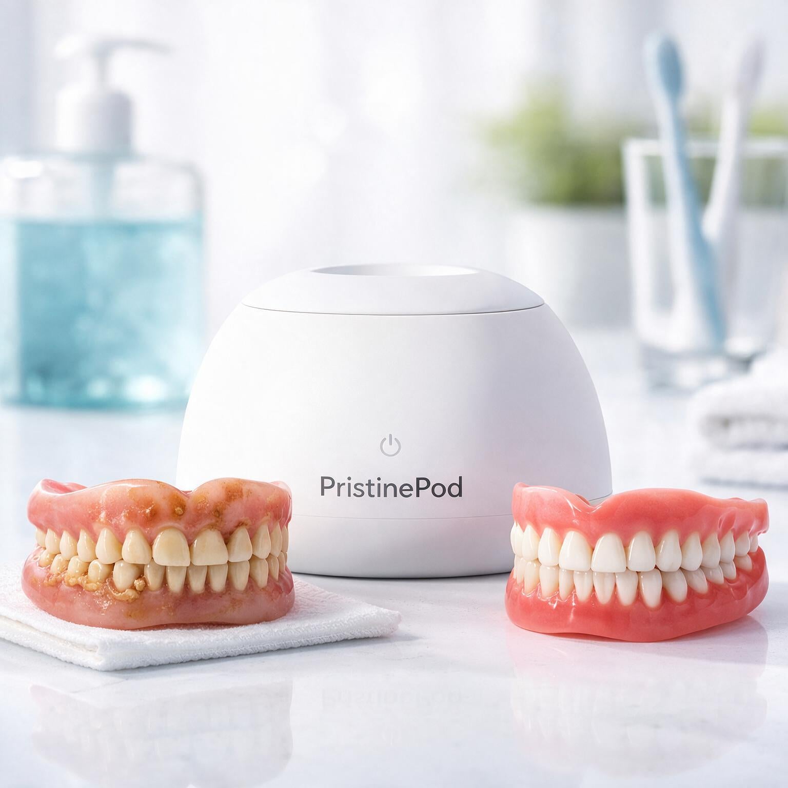 PristinePod before and after denture cleaning comparison