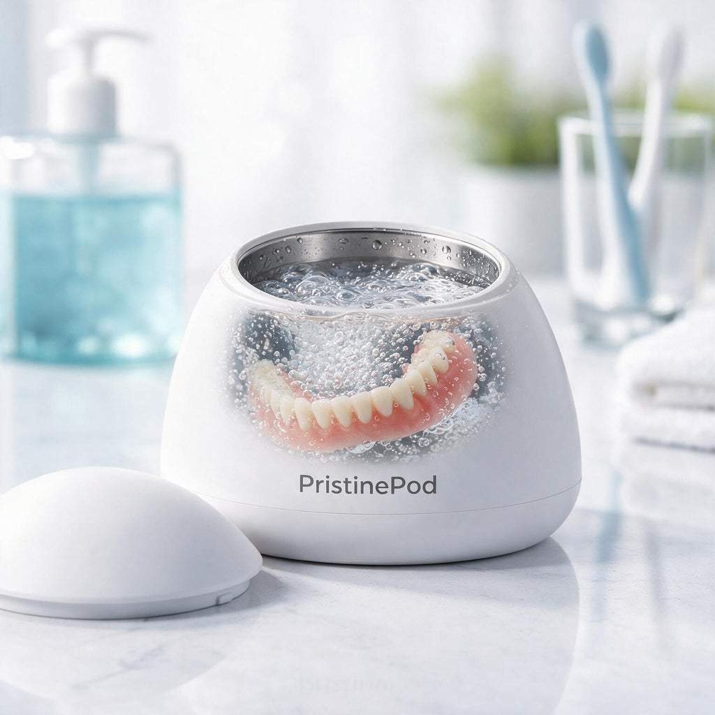 PristinePod ultrasonic cleaning cycle with a denture inside the water chamber