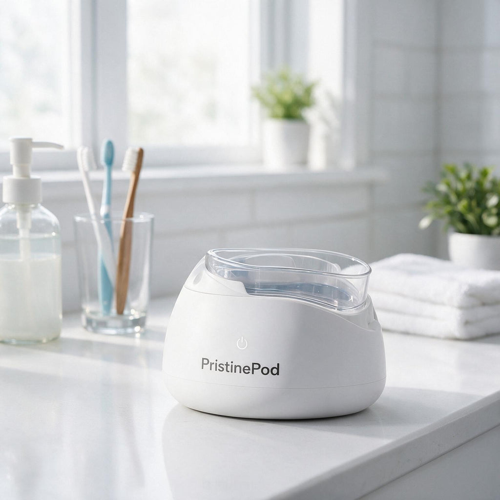 PristinePod open on a bathroom counter