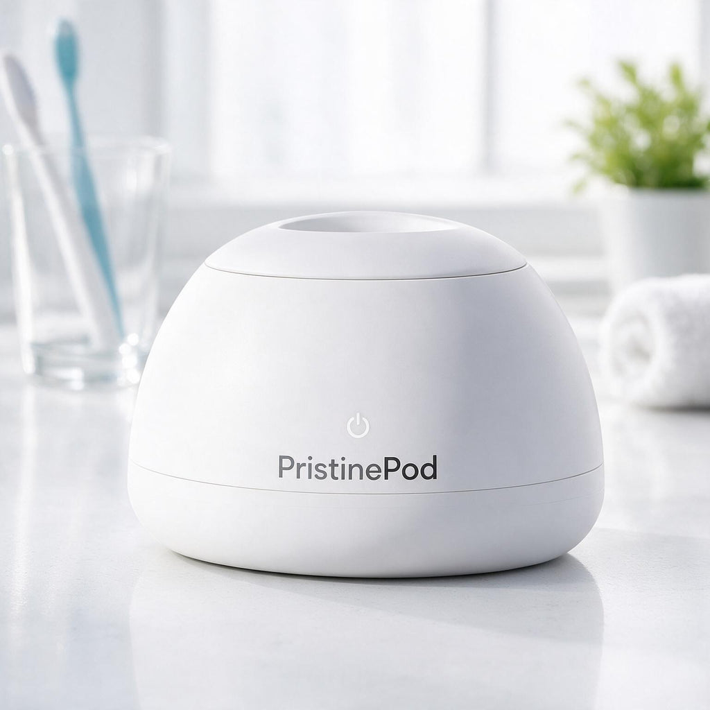 PristinePod ultrasonic denture cleaner on bathroom counter
