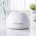 PristinePod ultrasonic denture cleaner on bathroom counter