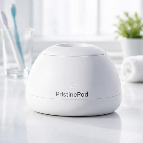 PristinePod ultrasonic denture cleaner on bathroom counter
