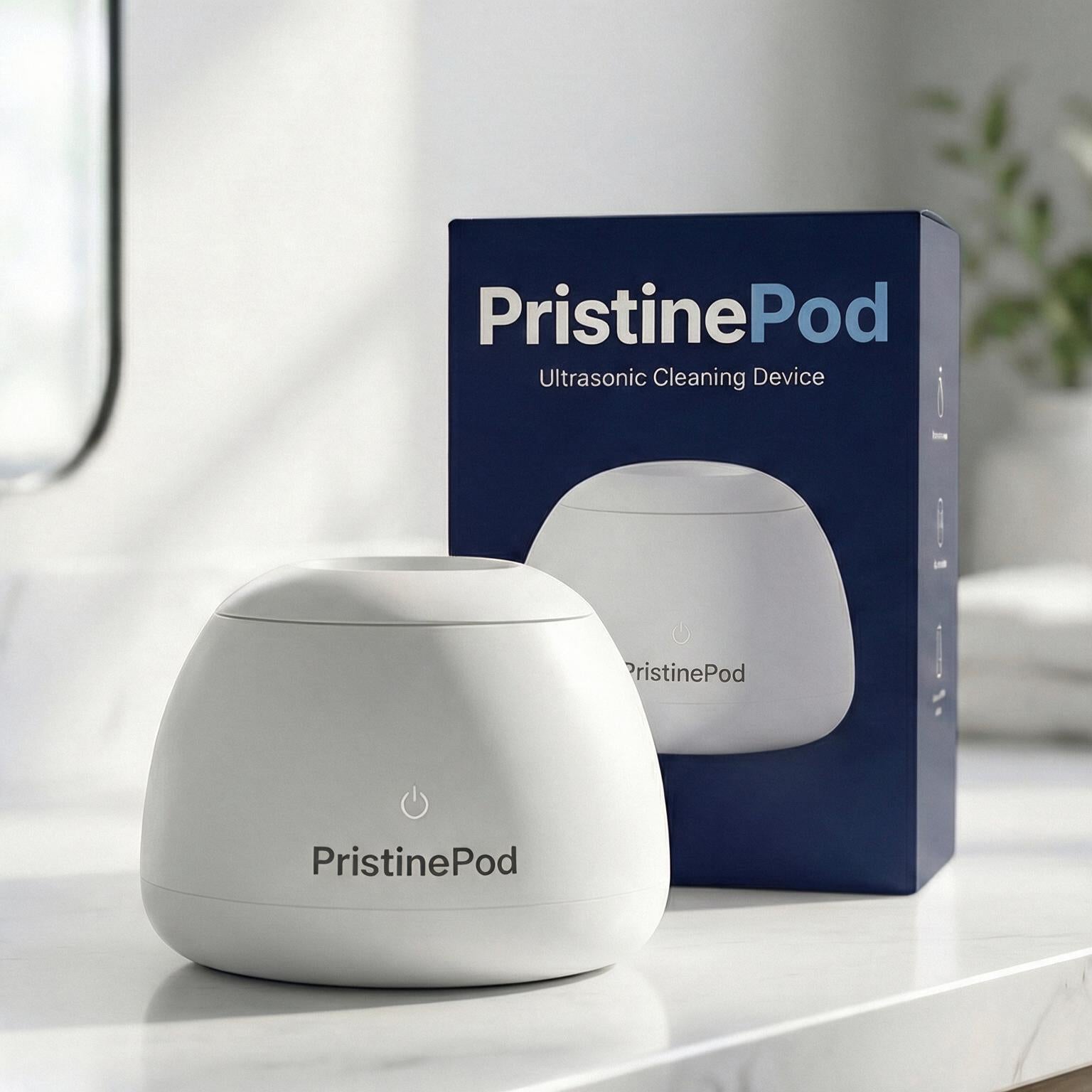 PristinePod retail packaging box next to the device